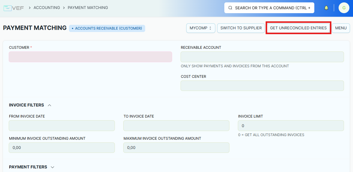 payment matching home new get unreconciled entries